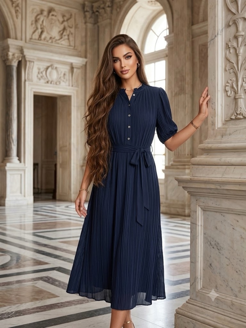 Sharagano Navy Pleated Midi Dress with Self Tie